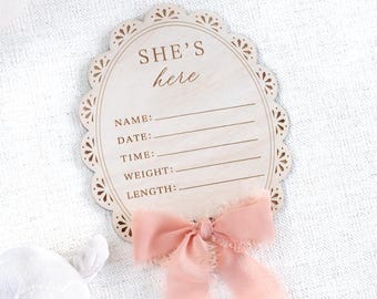 Engraved Birth Statistic Gender Reveal Signs: He&#39;s Here, She&#39;s Here, Baby Stats with Name