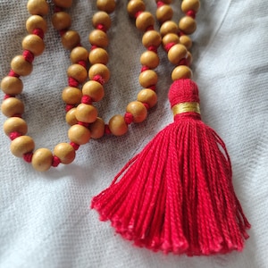 Sandalwood Mala Beads with Red Tassel: 108 Prayer Beads for Meditation