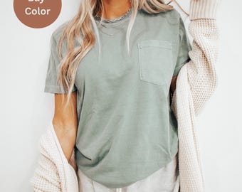 Blank Comfort Colors® T shirt with Pocket,Heavyweight Pocket Tee, %100 Cotton Trendy Vintage Colored Washed T-shirts, Tee Unisex Sizing
