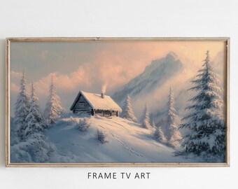 May include: A framed painting of a snowy winter scene with a small cabin in the foreground and a mountain range in the background. The sky is a soft pink and orange, and the trees are covered in snow.