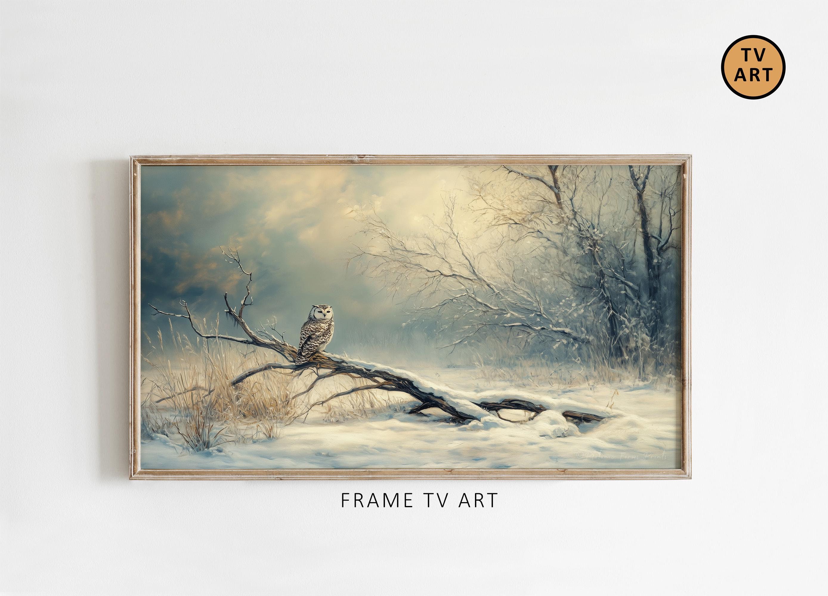 Snowy Owl Frame TV Art | Winter Bird Painting | Snow-covered Landscape Art | Christmas Holiday Scree