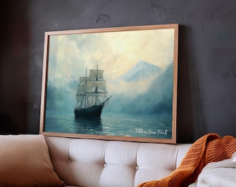 Large Sailing Ship In The Misty Sea  |  Vintage Painting | Printable Landscape Art for Home Decor