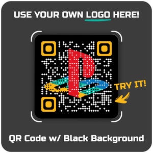 Könnte beinhalten: Ein schwarzer QR-Code mit dem PlayStation-Logo in der Mitte, umgeben von gelben Quadraten. Der Text "USE YOUR OWN LOGO HERE!" steht oben, und "TRY IT!" mit einem Pfeil rechts. Der Text "QR Code w/ Black Background" steht unten.