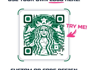 May include: A green and white QR code with the Starbucks logo in the centre. The text "USE YOUR OWN LOGO HERE!" is above the code and "TRY ME!" is to the right of the code. The text "CUSTOM QR CODE DESIGN" is below the code.