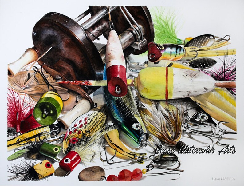 Fishing lures Alluring Art Watercolor giclee 11x14 print image 1
