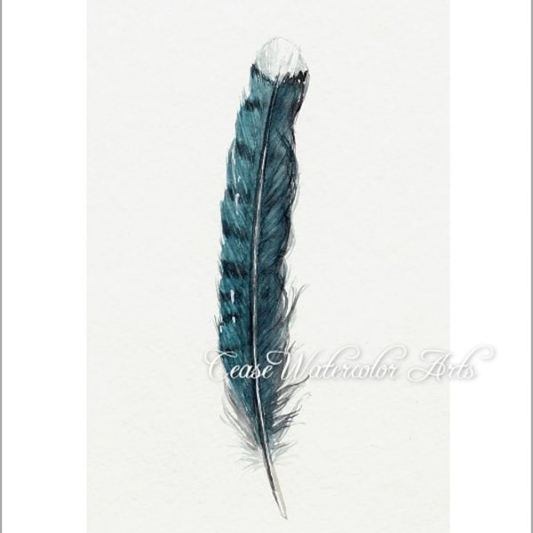 Blue jay feather wall art, watercolor 5x7  giclee print