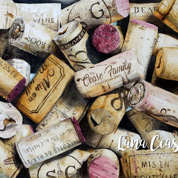 Custom wine cork print wall art - Watercolor giclee print