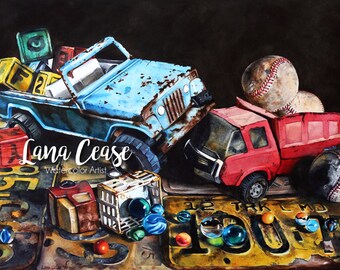 Antique toys and license plates art print "3 Car Pile Up" - Art Watercolor giclee 11x14