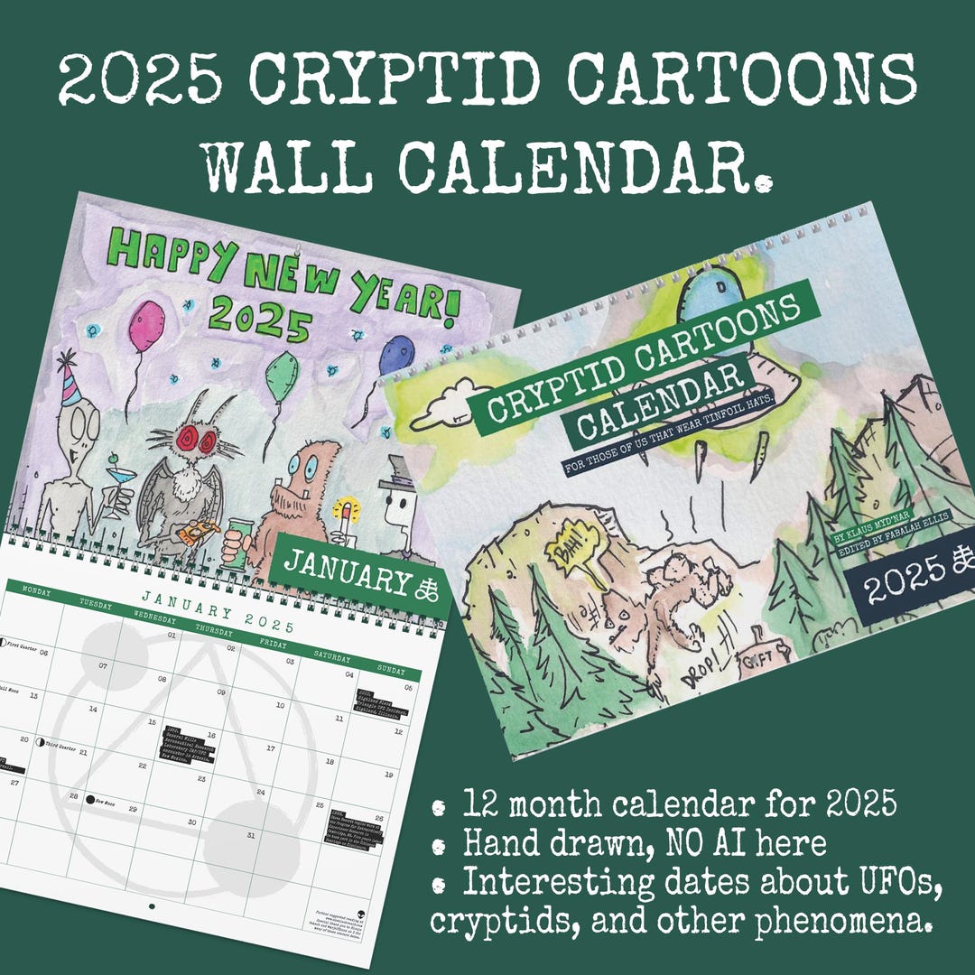 2025 Cryptid Cartoons Calendar, UFO & Cryptid Event Dates, Moon Phases