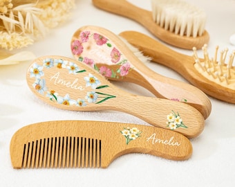 Personalized Wooden Baby Hairbrush Set, Baby Shower Gift Idea for Newborns, Unisex Wooden Hair Brush and Comb Set, New Baby Name Gift