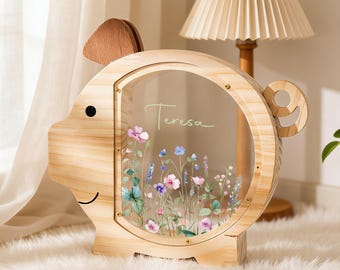 Alcancía personalizada con nombre, hucha de flores silvestres, caja de dinero para niños, regalo para baby shower, hucha de madera, regalo para niñas, decoración de guardería.