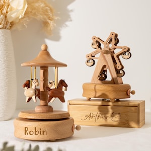 Carruseles musicales de madera con bailarinas, caja de música con nombre grabado, cajas de música de madera para bebés, caja de música de tren, regalo para baby shower, juguete musical