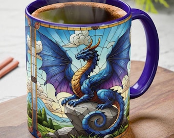 TAZZA DRAGO MEDIEVALE, Tazza da caffè blu viola maestosa, Regalo per gli amanti dei draghi, Tazza con drago medievale, Tazza con arte mitica fantasy
