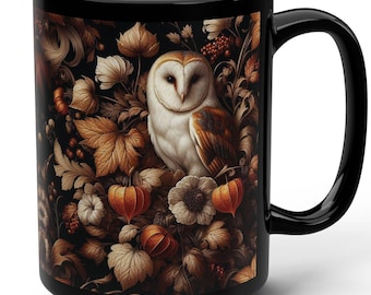 TAZZA BARN OWL, tazza da caffè con gufo e fiori, regalo per gli amanti della fauna selvatica, tazza con sfondo floreale, decorazione da cucina per gli amanti della natura, tazza da caffè unica, tazza da tè