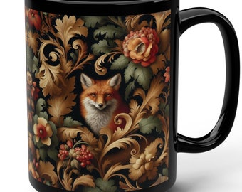 FOX MUG Tazza da caffè con animali del bosco, regalo per lui, regalo per gli amanti della natura, tazza nera da 15 once, tazza da caffè in ceramica nera, design botanico di volpe