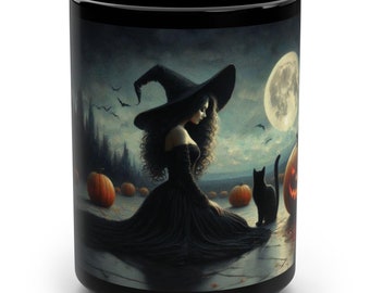 Witch and Black Cat Mug, Halloween Coffee Cup, Spooky Kitchen Decor