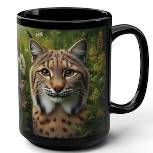 Wildlife Enthusiast Black Mug, 15oz - Lynx Design, Nature Lover Gift, Animal Decor, Eco-Friendly Coffee Mug, Wildlife Art