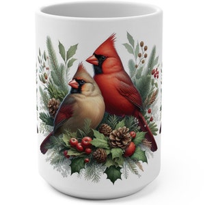 Christmas Cardinal Mug, Peace and Joy Holiday Mug, Festive Bird 15oz Cup, Winter Red Bird Coffee Cup Gift, Wildlife Nature Lover Tea Mug