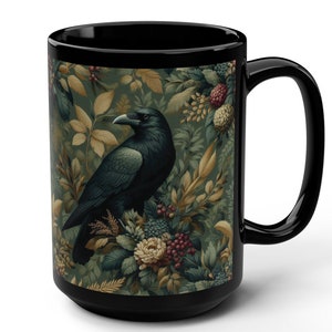 MEDIEVAL RAVEN MUG, Floral Raven Mug, Crow and Floral Mug, Medieval Gothic Raven Coffee Cup, Dark Raven, Corvid Bird Mug, Kitchen Decor