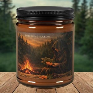 May include: A brown glass jar candle with a black lid. The label features a forest scene with a person in a hooded robe near a campfire. The text "Emberpine Hollow" is printed on the label. The candle sits on a wooden surface.
