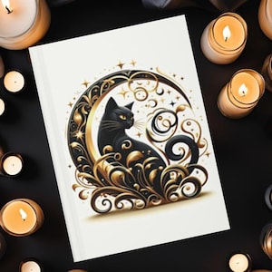 Black Cat Crescent Moon Magic Hardcover Journal - Witch Journal, Spell Book, Grimoire, Notebook, Cat Lover Gift