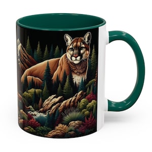 COUGER MUG, Mountain Lion Forest Mug, Green Maroon Black Animal Lover Gift, Coffee Teacup, Wildlife Nature Decor, Animal Print, Forest Mug