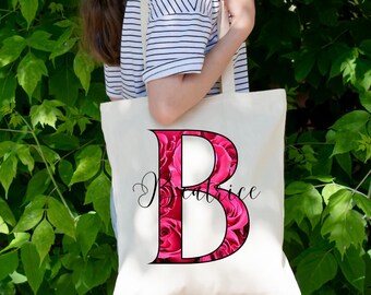 Cabas en coton à lettres florales personnalisées : cadeau de initiales personnalisées