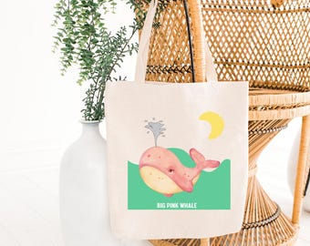 Pink Whale Tote Bag: Hand-Printed Cotton Shopping Bag