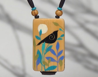 Hand painted Necklace,nature,bamboo,mixed media jewelryl,zen, raven, crow