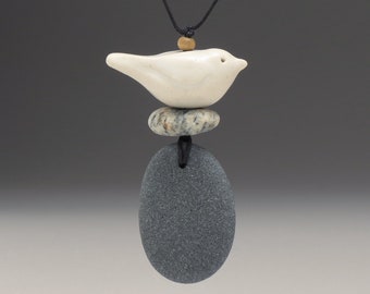 Nature necklace,Spirit Bird and beach stone Necklace , handmade ceramic bird, a personal talisman,mixed media, nature
