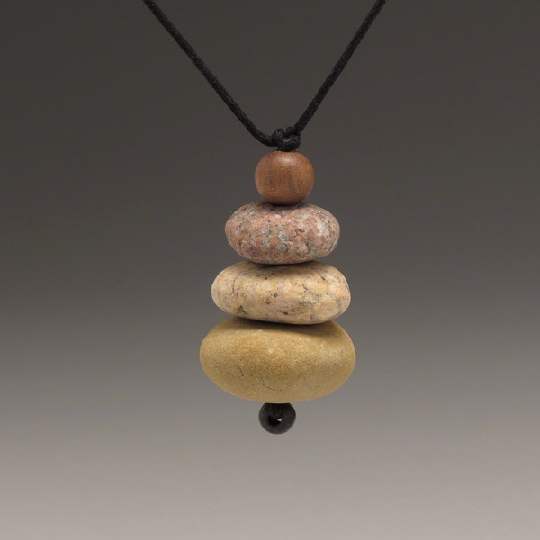 Nature Necklace of beach stones , cairn of beach stones,neutrals, meditative, zen, adjustable cord