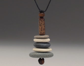 Nature Necklace of beach stones , cairn of beach stones,neutrals, meditative, zen, adjustable cord