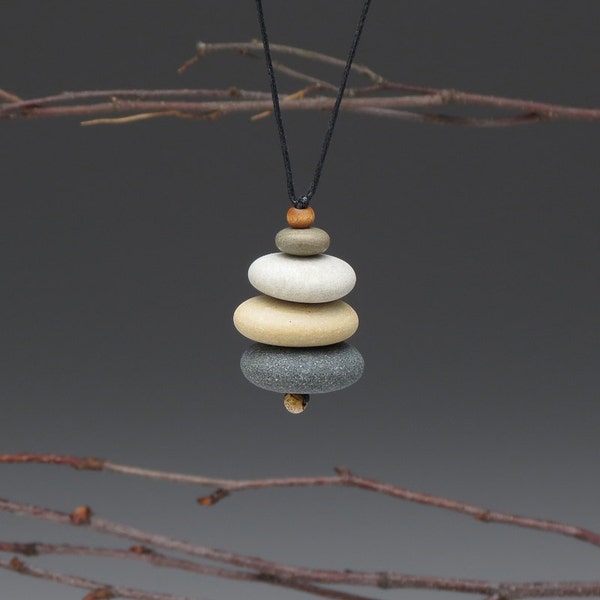 Necklace of beach stones , cairn of beach stones,neutrals, meditative, zen, adjustable cord