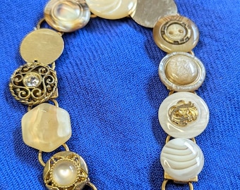 Vintage Button Bracelet: Gold Tone Mother of Pearl Style 7.5" Statement