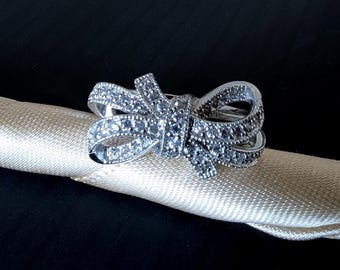 Bague noeud vintage en argent sterling : strass zircone cubique pavée, taille 8