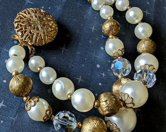VINTAGE BRACELET BEADED 1960s: Gold-Tone Beads, Faux Pearl, Aurora Borealis Crystals