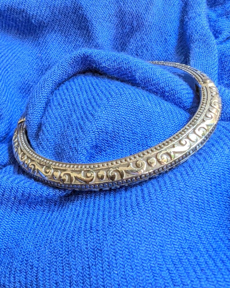 Vintage Brighton silver tone hinged bracelet with etched scroll design and beaded edges