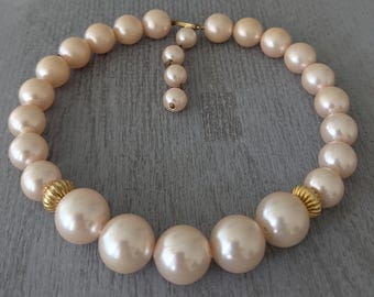 1960s Vintage Faux Pearl Choker Necklace: Champagne & Gold-Tone