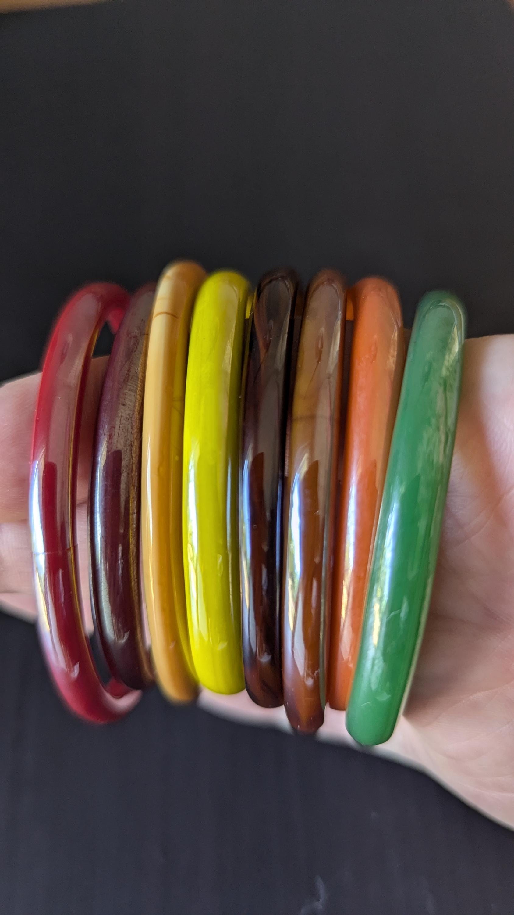 VINTAGE BAKELITE BANGLES 2 Sets Bakelite Multicolors Bracelets 1950s Bakelite Style Stacking Bangles Colorful Bangles Yellow Green Orange