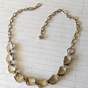 1950s Rhinestone Choker Necklace: Gold Tone Leaf Collar, Mid Century Jewelry