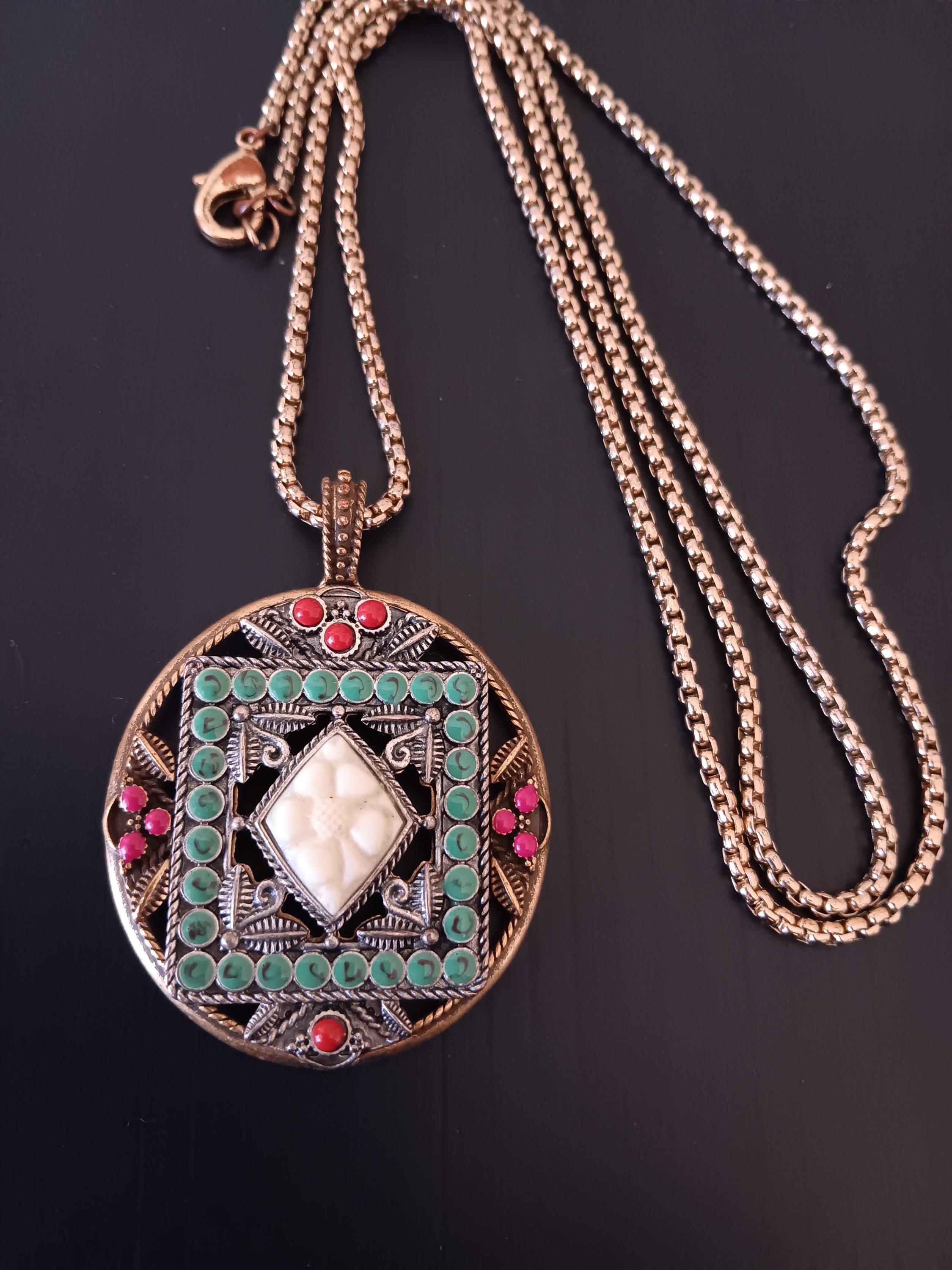 Vintage Mandala Pendant Necklace: Coral Flower, Peace Symbol, 1960s Boho