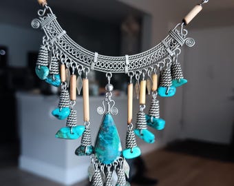 Vintage Bib Necklace: Statement Fringe Bamboo Turquoise Necklace Silver Tone Tribal Southwestern Jewelry