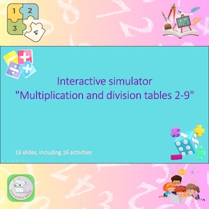 Può includere: Uno sfondo turchese con il testo "Simulatore interattivo" e "Tabelle di moltiplicazione e divisione 2-9". Il testo è in viola. Ci sono 16 diapositive, tra cui 16 attività. L'immagine include anche un pezzo di puzzle colorato, un dado con simboli matematici e un cartone animato di bambini che usano un laptop.
