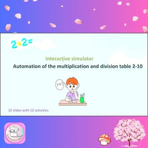 Può includere: Un'illustrazione colorata di un bambino che lavora su problemi di matematica. Il testo recita "Simulatore interattivo Automazione della tabella di moltiplicazione e divisione 2-10 12 diapositive con 12 attività".