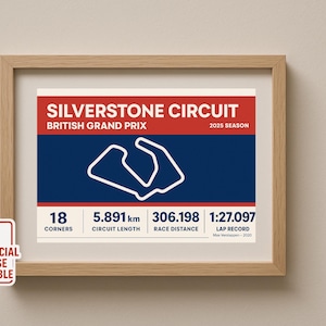 Póster del Gran Premio de Gran Bretaña del Circuito de Silverstone 2025: Impresión de la pista de F1 para aficionados a la Fórmula 1 y decoración de deportes de motor.