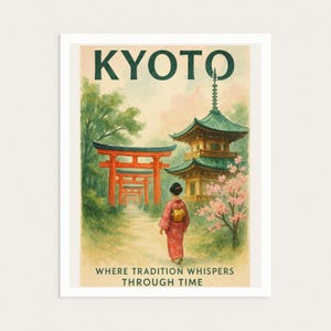 Kyoto Japan Travel Poster Digital Download, Japanese Wall Art, Pagoda Torii Gate Print, Asian Landscape Home Décor