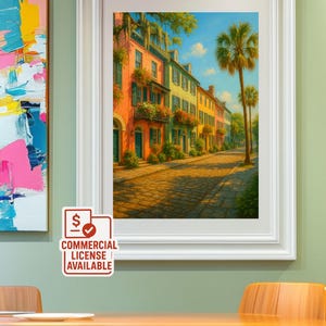Charleston Rainbow Row wall art print – pastel coastal street scene, digital travel décor, colourful southern home digital download