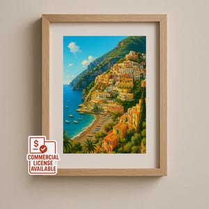 Positano Italy Coastal Print – Colourful Amalfi Cliffside Houses Wall Art, Mediterranean Beach Landscape Digital Download