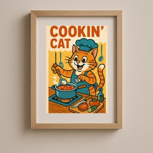 Retro Cookin&#39; Cat Print: Kitchen Art, Diner Style (Digital Download)