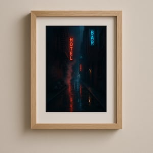 New York Neon Alley Rainy Night Digital Art Print | Moody Cyberpunk Wall Décor | Urban Noir Cityscape Download for Office & Home